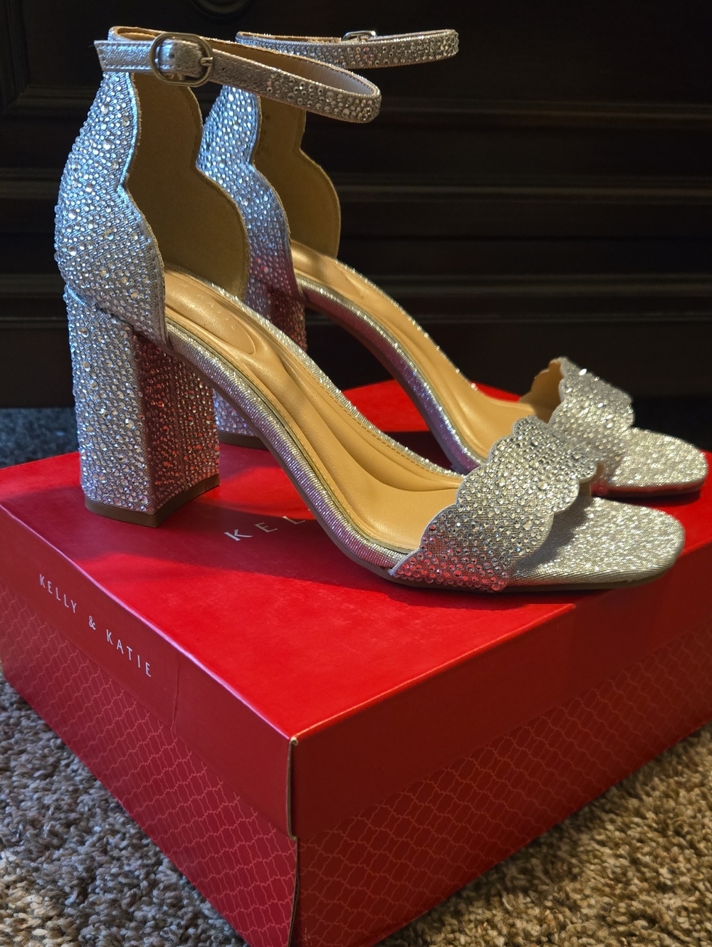 Kelly & Katie Silver Rhinestone Ankle-Strap Block Heels